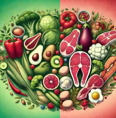 채소와 육류로 반반 나눠서 그려져 있는 그림