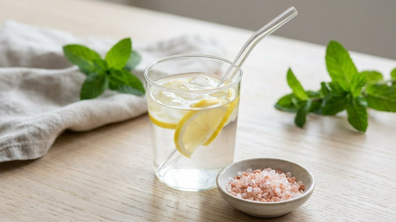 유리 빨대가 꽂힌 레몬수 컵과 옆에 놓인 소금(히말라야 핑크 솔트) 조금.
건강하고 전문적인 느낌의 클로즈업 샷
