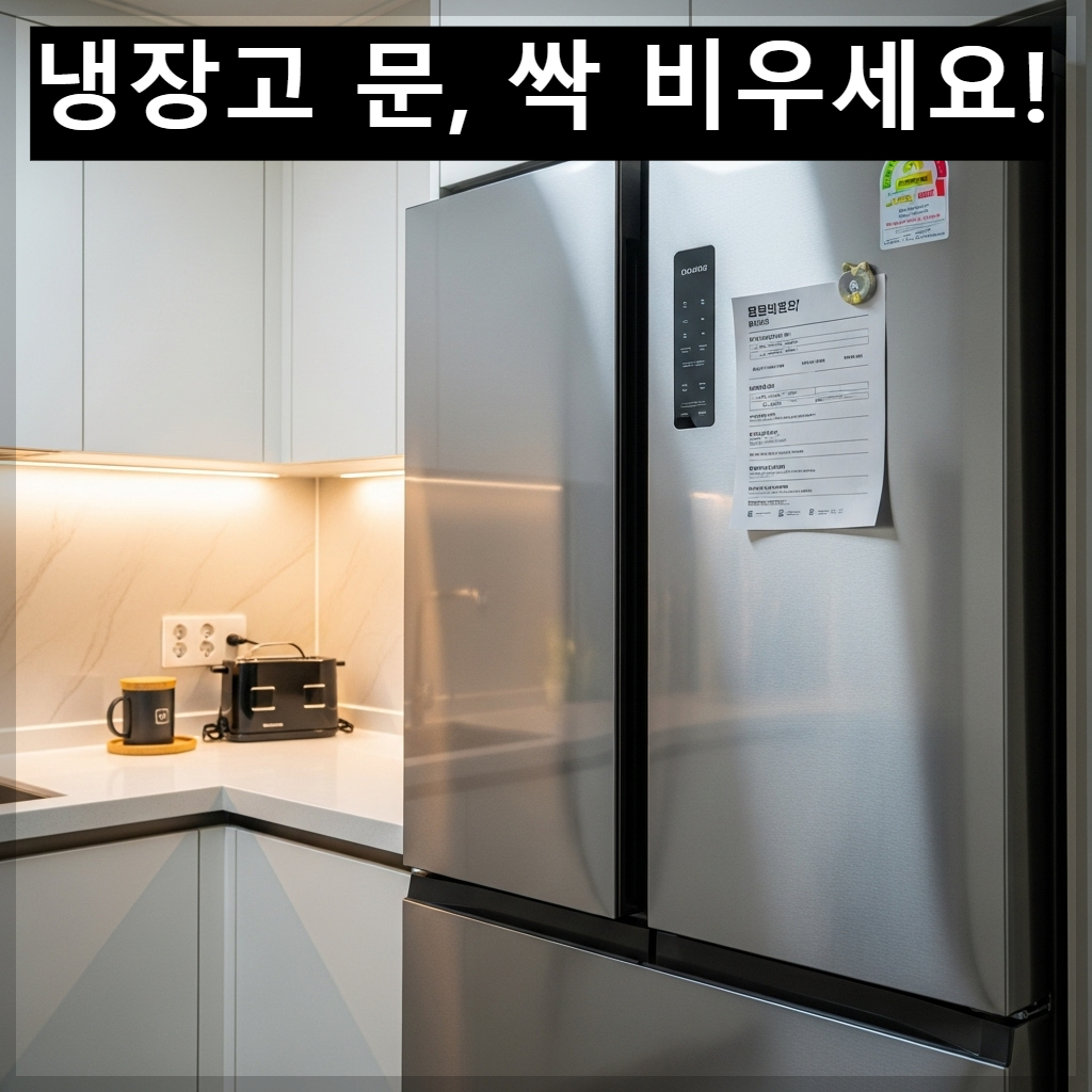 한국식 아파트 주방에 전단지나 자석 하나 없이 매끈하고 깨끗하게 정리된 은색 냉장고가 조명을 받아 빛나는 모습