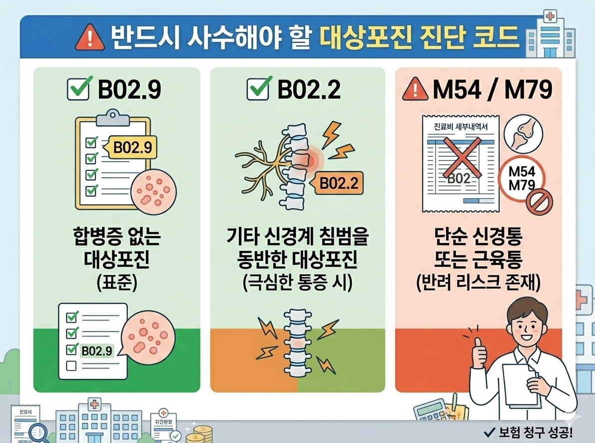 대상포진 진단코드 B02와 M코드 차이 실손보험 청구 거절 위험 설명 인포그래픽