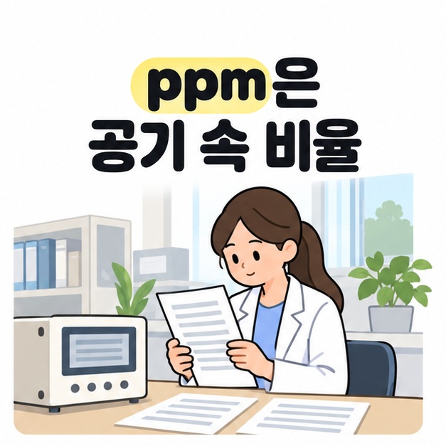 ppm은 공기 속 비율 문구 아래 측정 장치가 놓인 작업대에서 안내 서류를 읽는 연구자