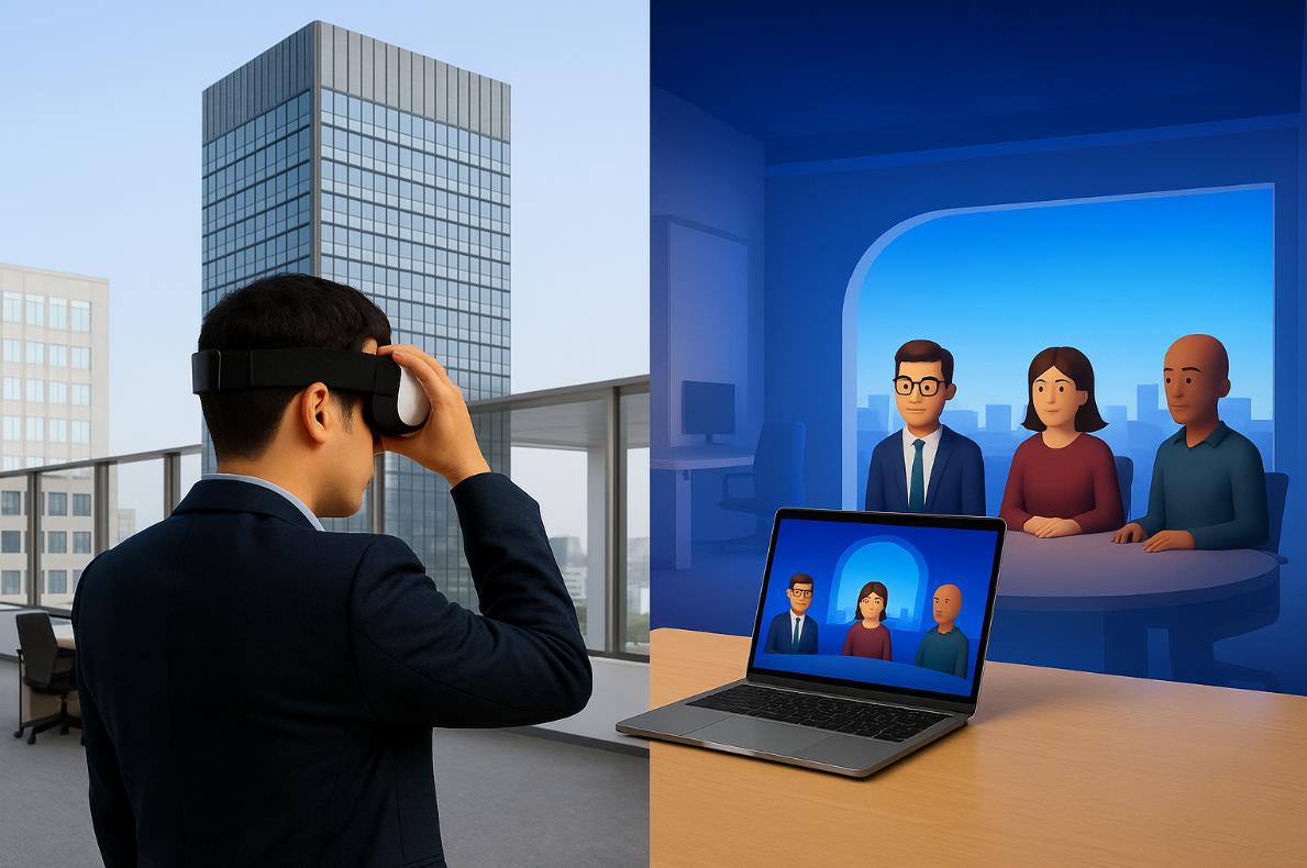 VR 헤드셋을 쓴 직장인이 옥상에서 메타버스 회의에 접속해 아바타 동료들과 화상으로 연결된 모습.