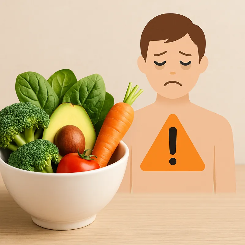 채식만-했을-때-생길-수-있는-영양-결핍을-시각적으로-표현한-이미지로-채소가-담긴-그릇-옆에서-피로한-표정을-짓는-사람의-모습