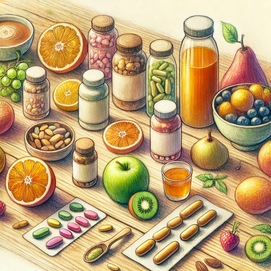 건강한 라이프스타일을 상징하는 비타민, 과일, 허브티가 정리된 테이블