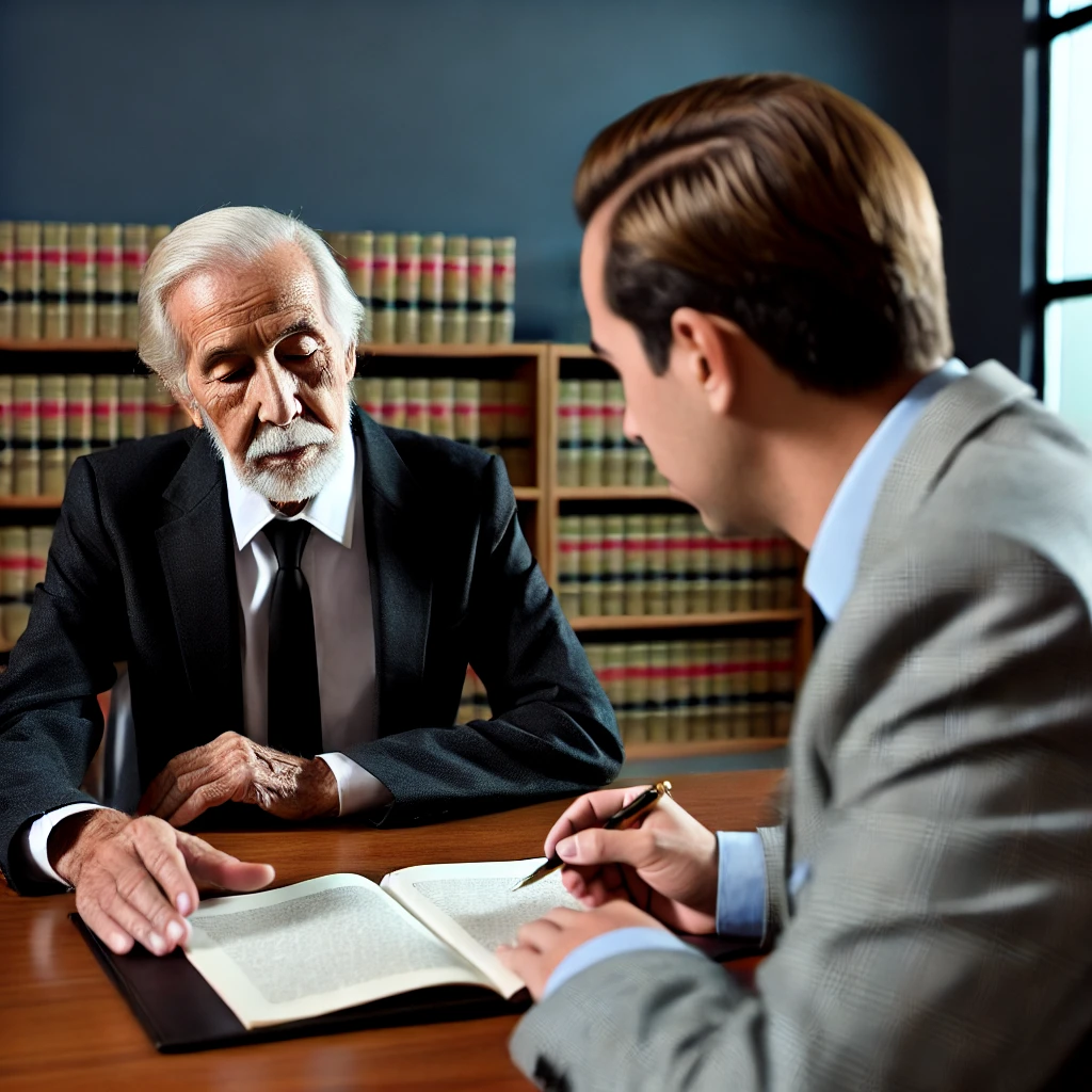 유언자와 변호사가 법률 문서를 검토하며 대화하는 장면