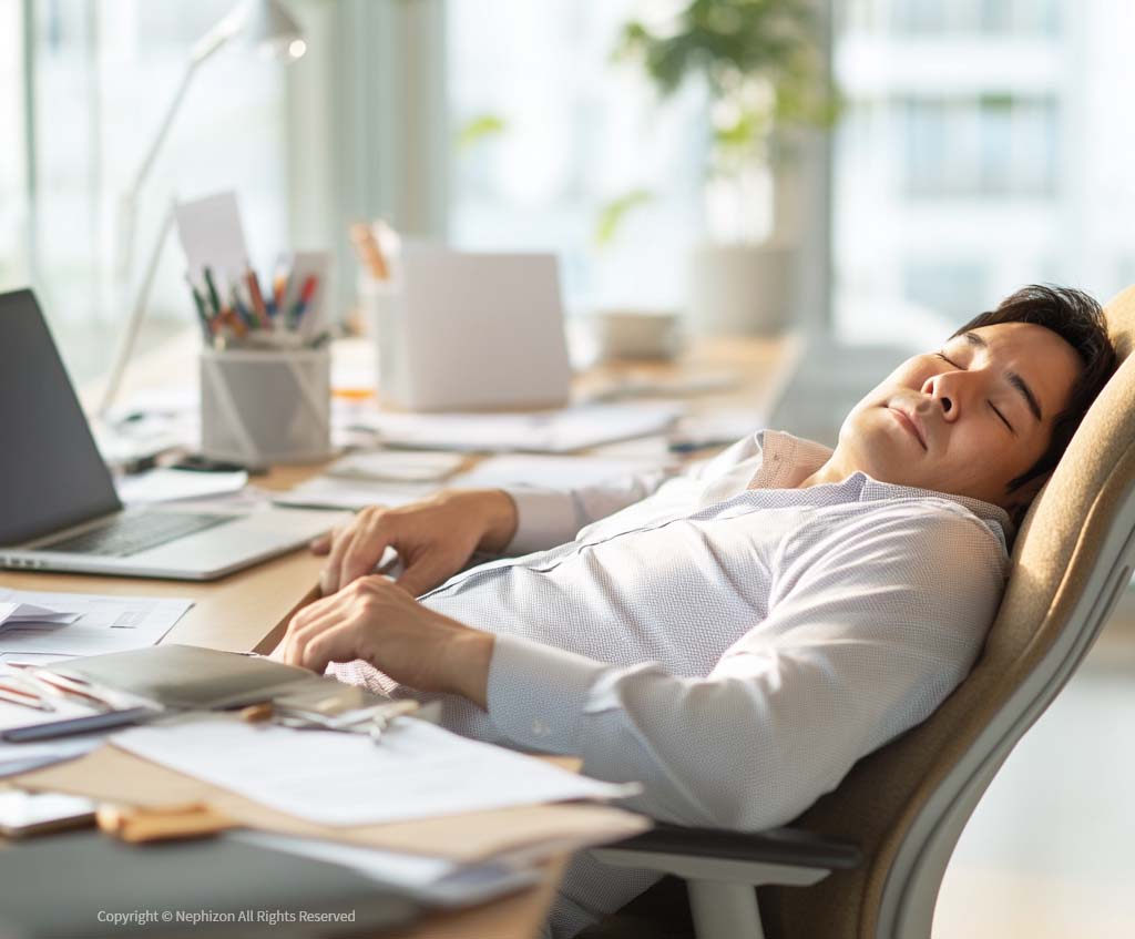 간 기능 저하로 인한 만성 피로의 일상을 보여주는 모습