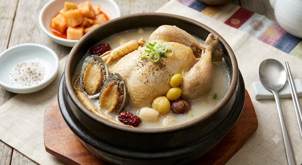 뚝배기에 담겨 보글보글 끓고 있는 영양 만점 전복 삼계탕 완성 요리
