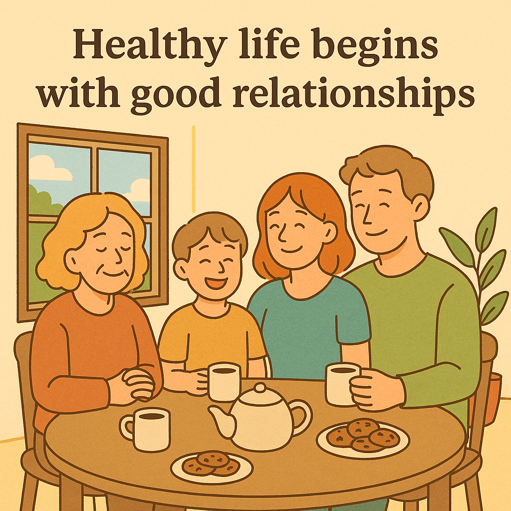 &ldquo;햇살이 드는 아늑한 거실에서 가족이 함께 둘러앉아 따뜻한 차를 나누며 대화하는 장면. 정서적 안정과 건강한 삶의 의미를 담은 포근한 분위기의 감성 일러스트.&rdquo;