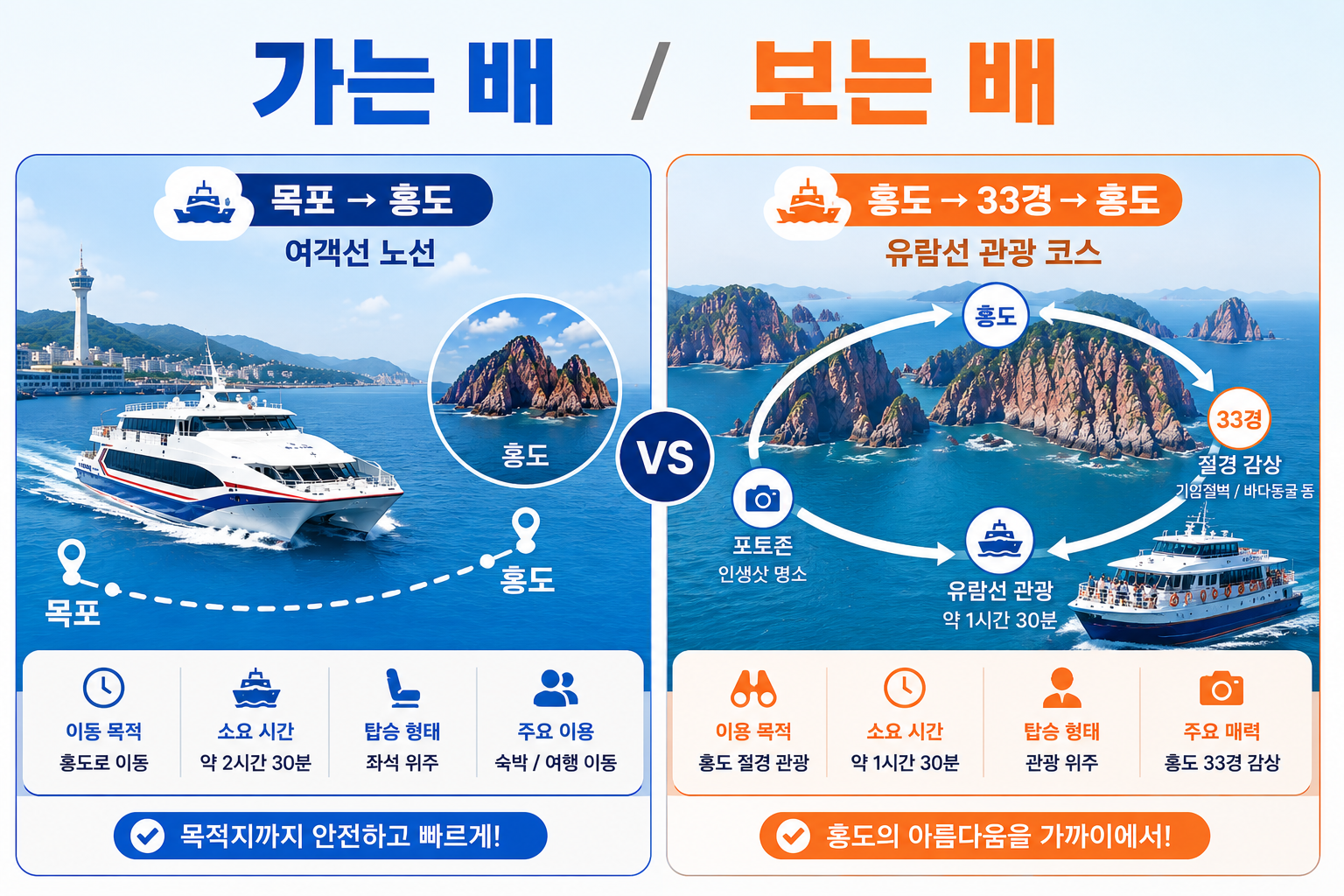 목포 홍도 여객선과 홍도 33경 관광 유람선의 운항 목적을 비교한 이미지
