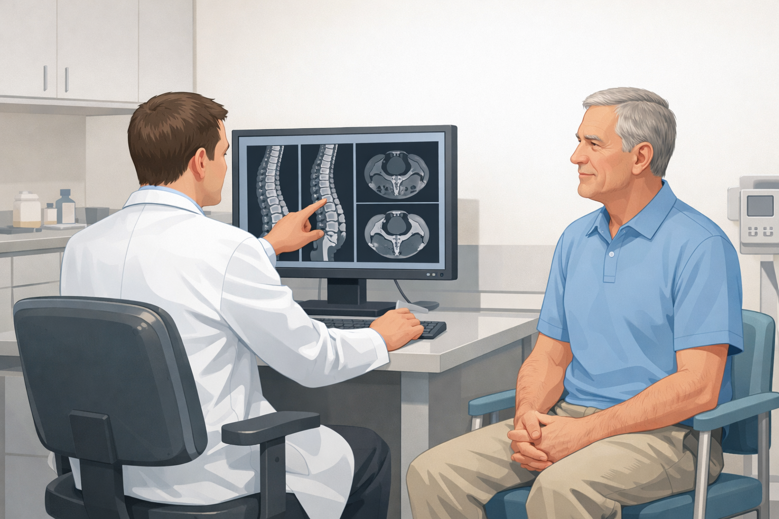 의사와 척추 질환 관련 상담하는 중년 남성 일러스트