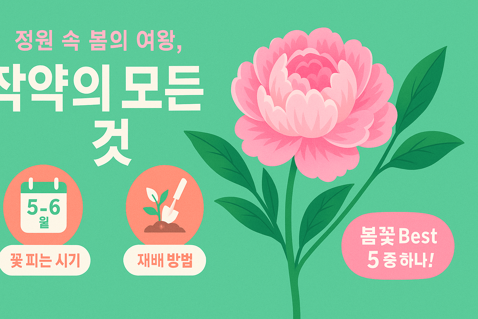 작약의 꽃 피는 시기와 재배 방법을 시각적으로 표현한 마케팅 포스터 스타일
