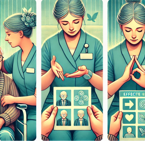 치매 환자와 의사소통하는 방법
간단한 문장 (왼쪽)-보호자가 천천히, 짧고 명확한 문장으로 말을 건네는 장면.
시각 자료 활용 (가운데)-그림 카드나 간단한 안내 차트를 보여주는 보호자의 모습.
손짓과 표정 (오른쪽)-손으로 가리키거나 따뜻한 표정을 지으며 설명하는 보호자.