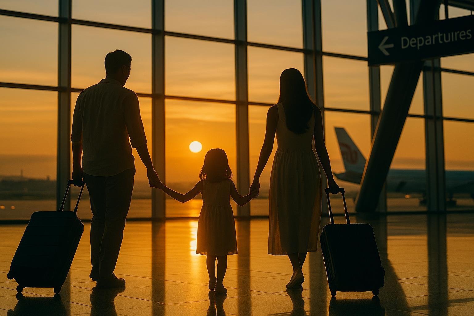 인천공항 출국장 전경과 여행 떠나는 가족