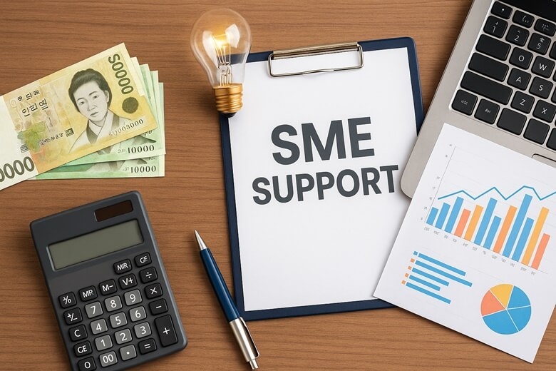 SME 지원 문서, 한국 지폐, 노트북, 차트, 전구 등이 정돈된 사무환경의 책상 위에 배치된 모습