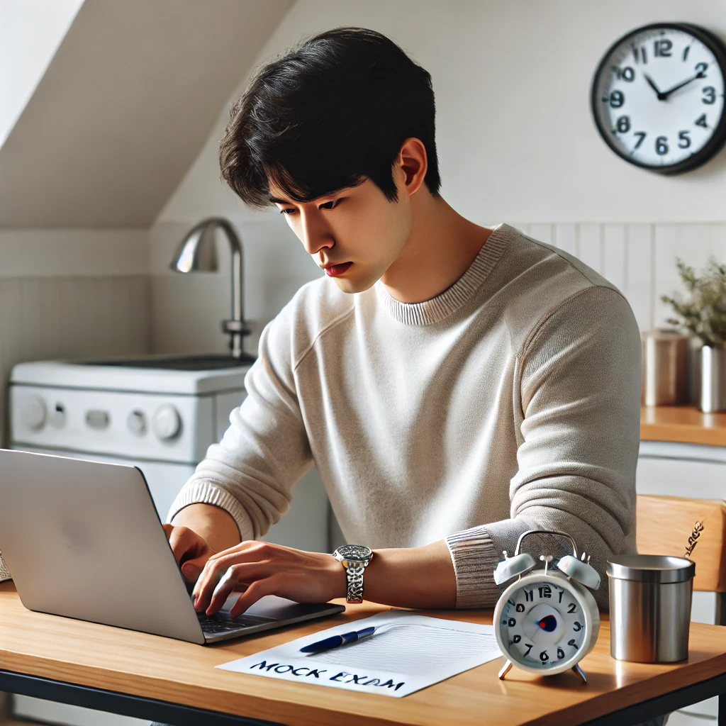 남성이 깨끗하게 정리된 책상에서 노트북으로 모의고사를 치르는 장면. 그는 집중하여 타이핑하고 있으며, 책상 위에는 시계와 물잔이 놓여 있습니다. 방은 현대적이고 환한 분위기입니다