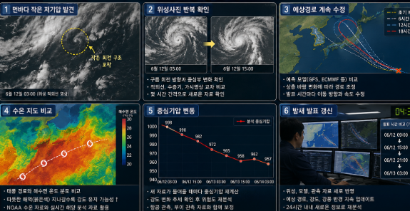새벽까지 갱신되는 위성사진과 태풍 예상경로 화면을 비교하는 기상 관제 화면