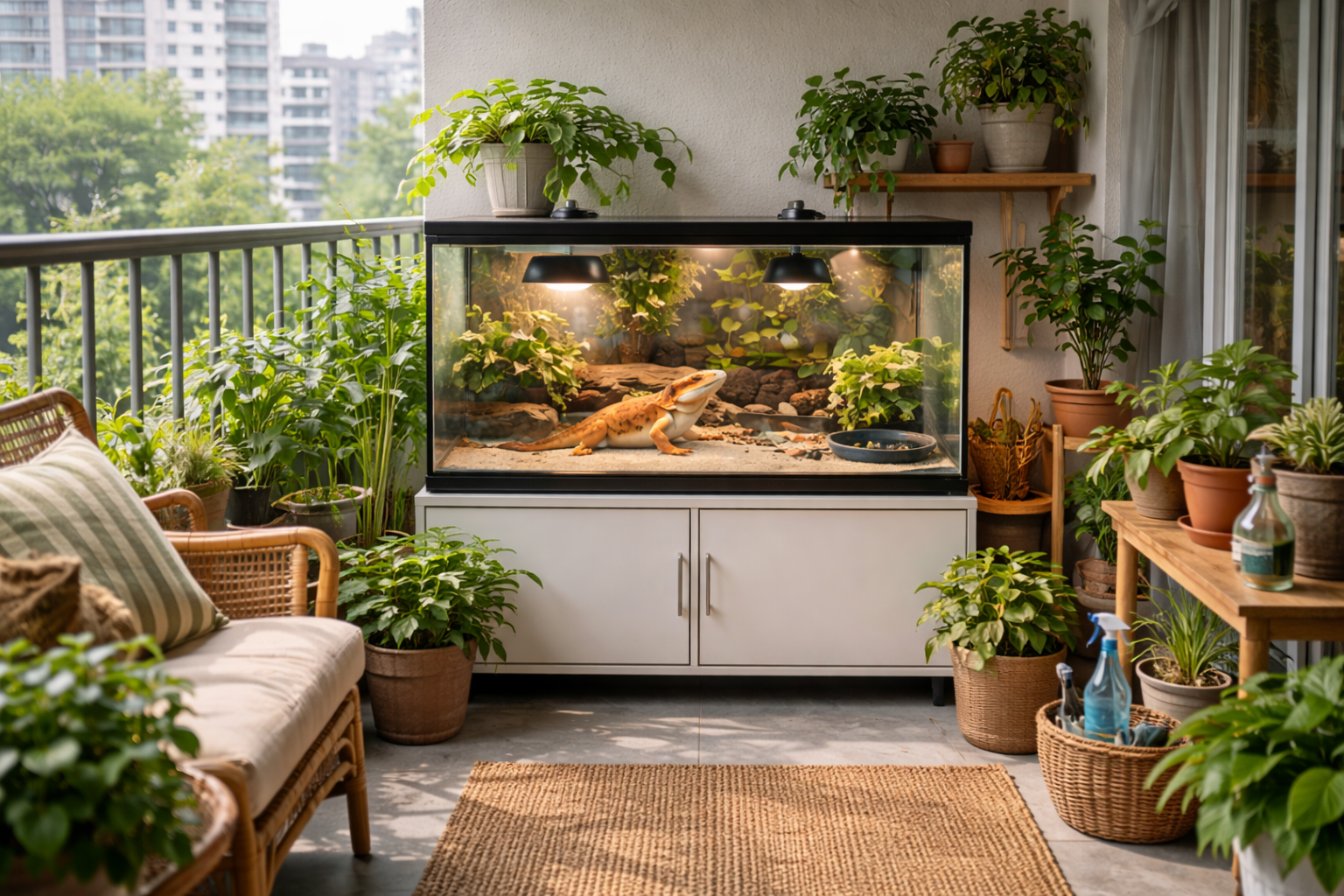 베란다 한켠에 꾸며진 도마뱀 테라리움 이미지