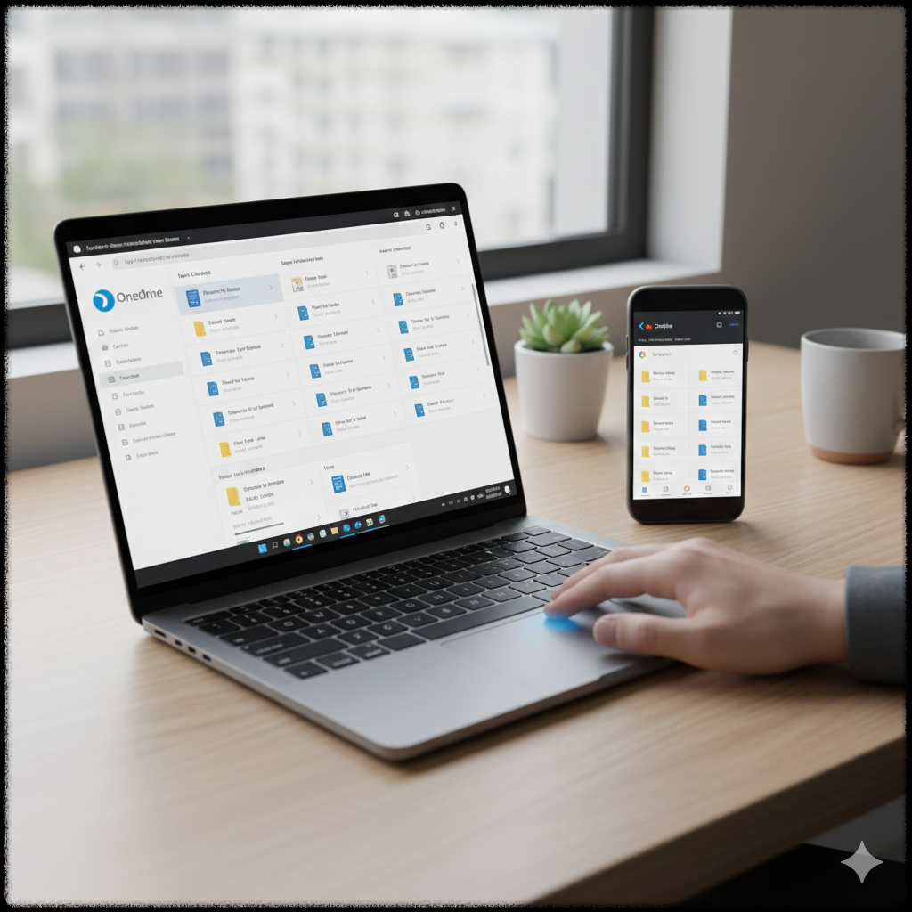 노트북과 스마트폰에서 클라우드 서비스가 동기화되는 이미지