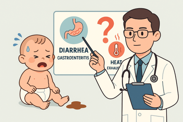 설사 증상을 보이는 아기와 장염과 더위 먹음을 비교 설명하는 의사 일러스트 &ndash; 소아 설사의 원인 구분을 주제로 한 정보형 이미지