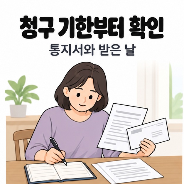 청구 기한부터 확인 제목 아래 보호자가 통지서와 우편 봉투를 살피며 일정 수첩에 메모하는 모습