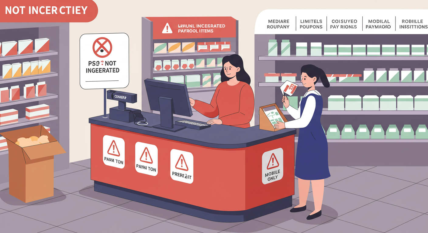 의료기관에서 소비쿠폰 사용 시 발생 가능한 제한 사항들을 보여주는 일러스트