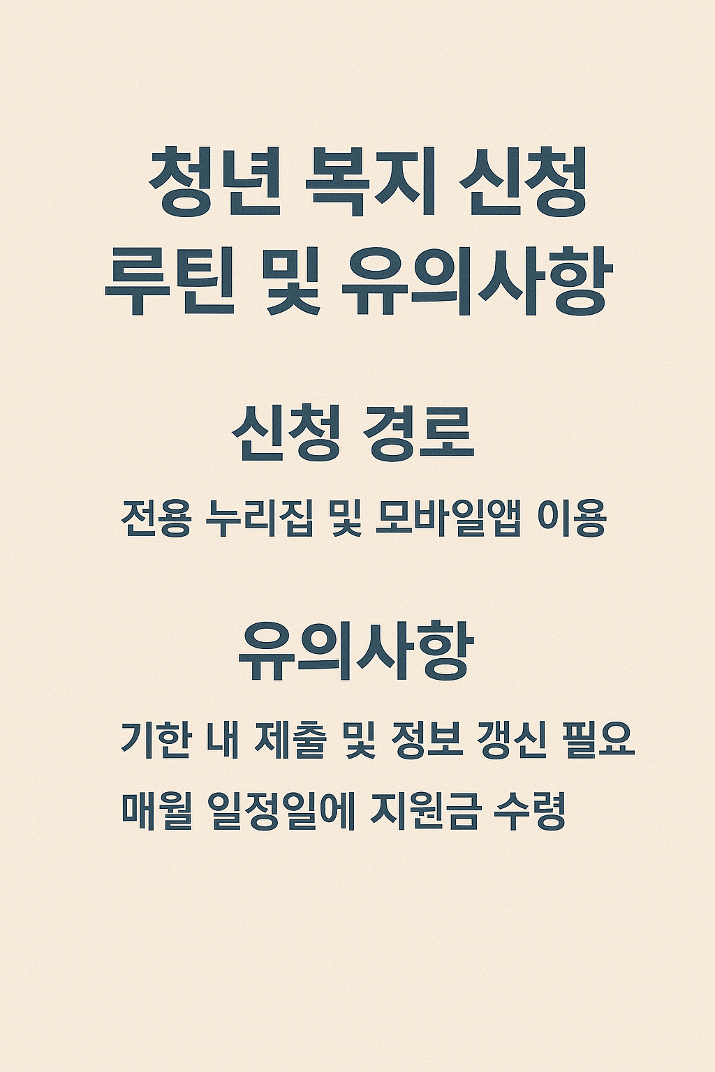 청년 복지 신청 루틴 및 유의사항 요약표 이미지
신청 경로, 유의사항, 루틴 요약 정리