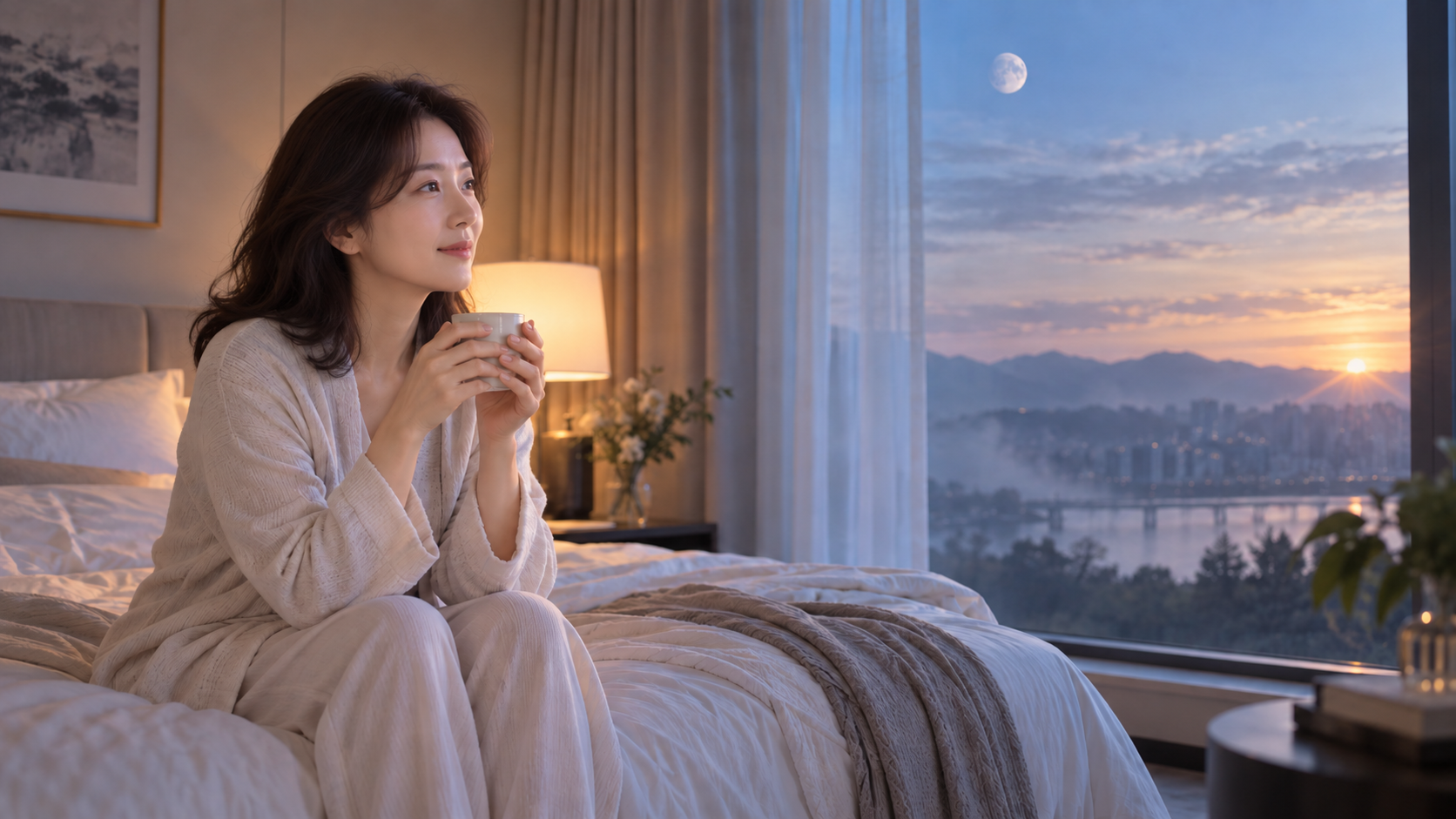키스하는 꿈을 떠올리며 창밖을 바라보는 젊은 여성