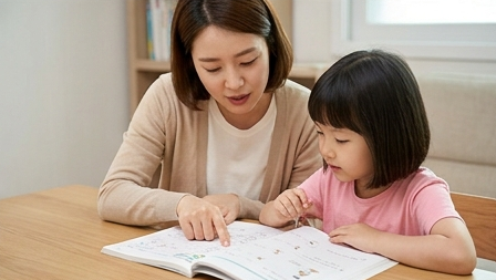 부모가 아이 옆에서 손가락으로 짚어주며 함께 문제를 보는 모습