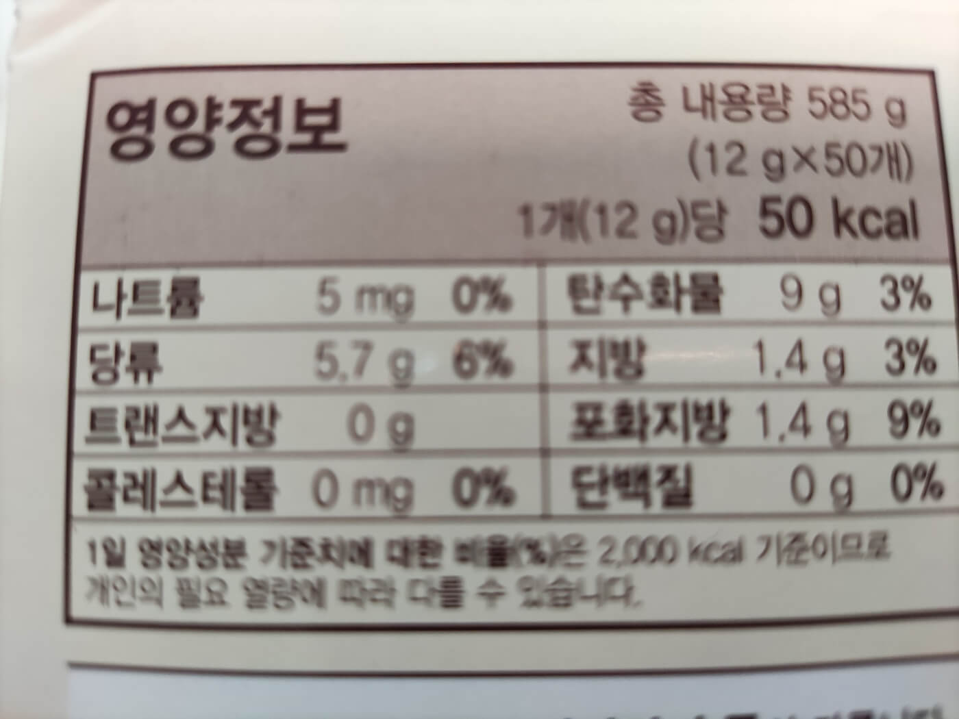 믹스커피 제품의 영양정보 라벨. 당류 함량 5.7g이 표시되어 믹스커피의 당 함량을 시각적으로 보여줍니다