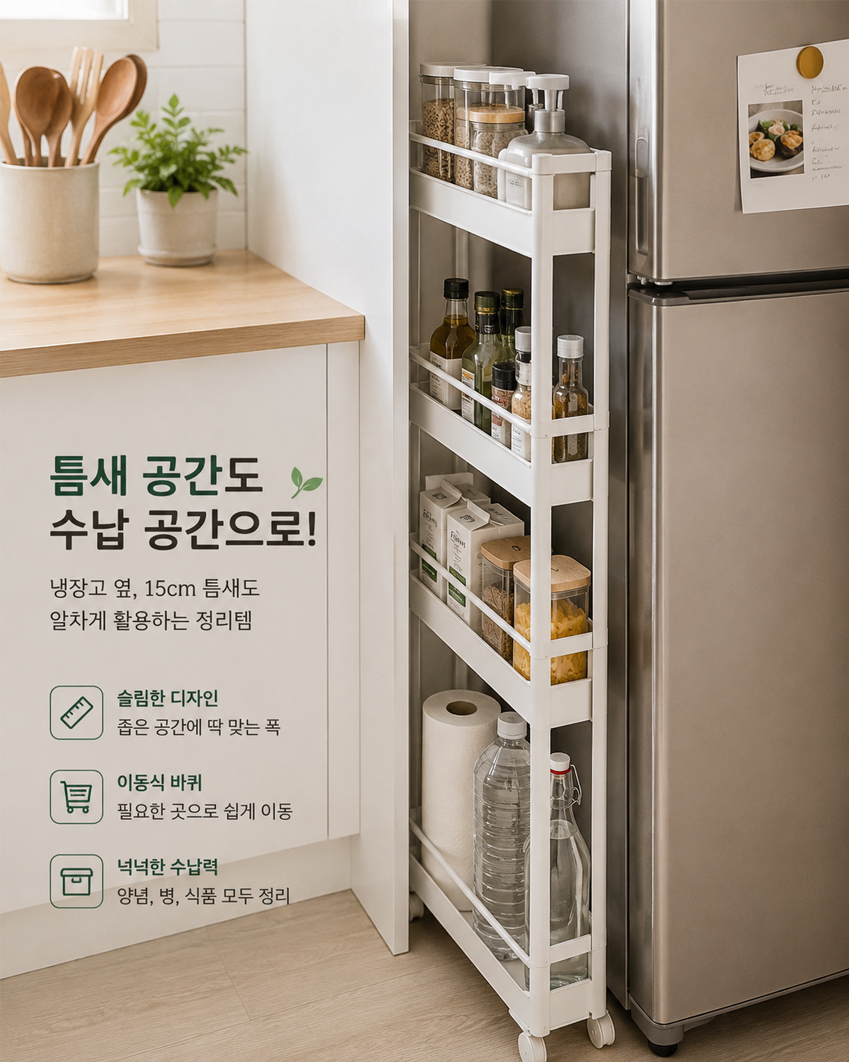 냉장고 옆 좁은 틈새에 이동식 슬림 수납장을 배치해 양념병, 식재료, 생수, 키친타월을 정리한 주방 틈새 수납 이미지