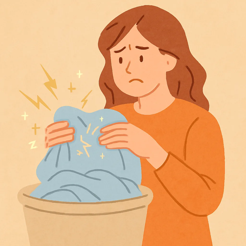 세탁물에서-발생하는-정전기를-표현한-일러스트-파란-옷에서-번개-모양의-정전기가-튀는-모습을-걱정스러운-표정으로-바라보는-여성