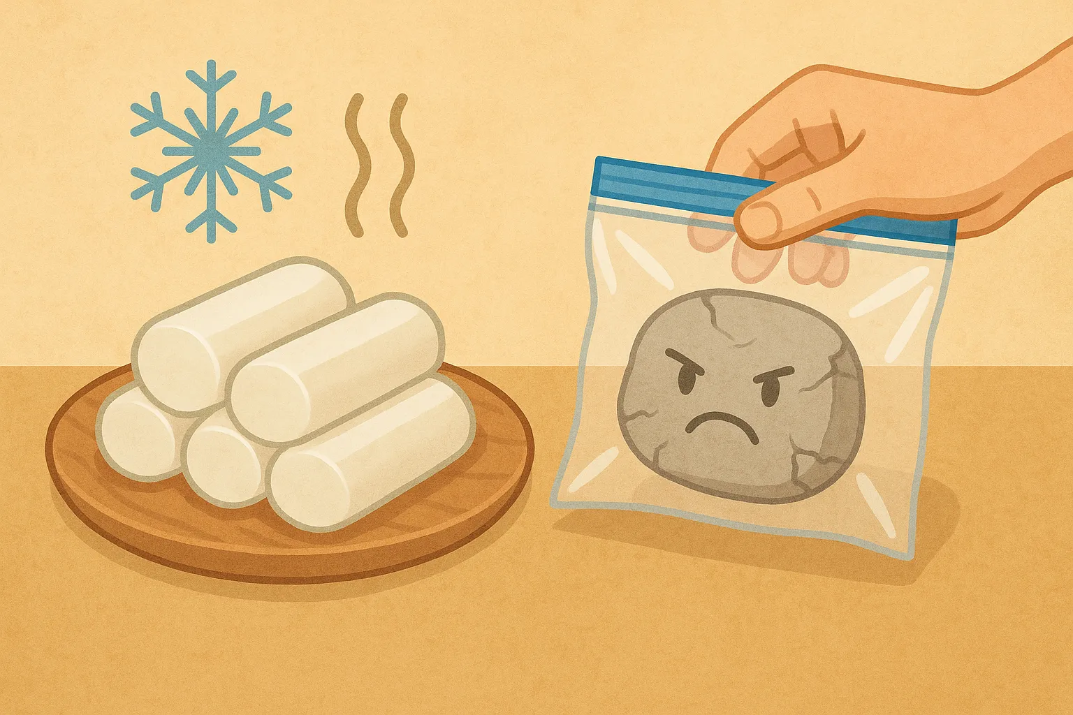 떡이-시간이-지나며-딱딱해지는-이유와-이를-방지하기-위해-밀폐-보관하는-방법을-표현한-이미지