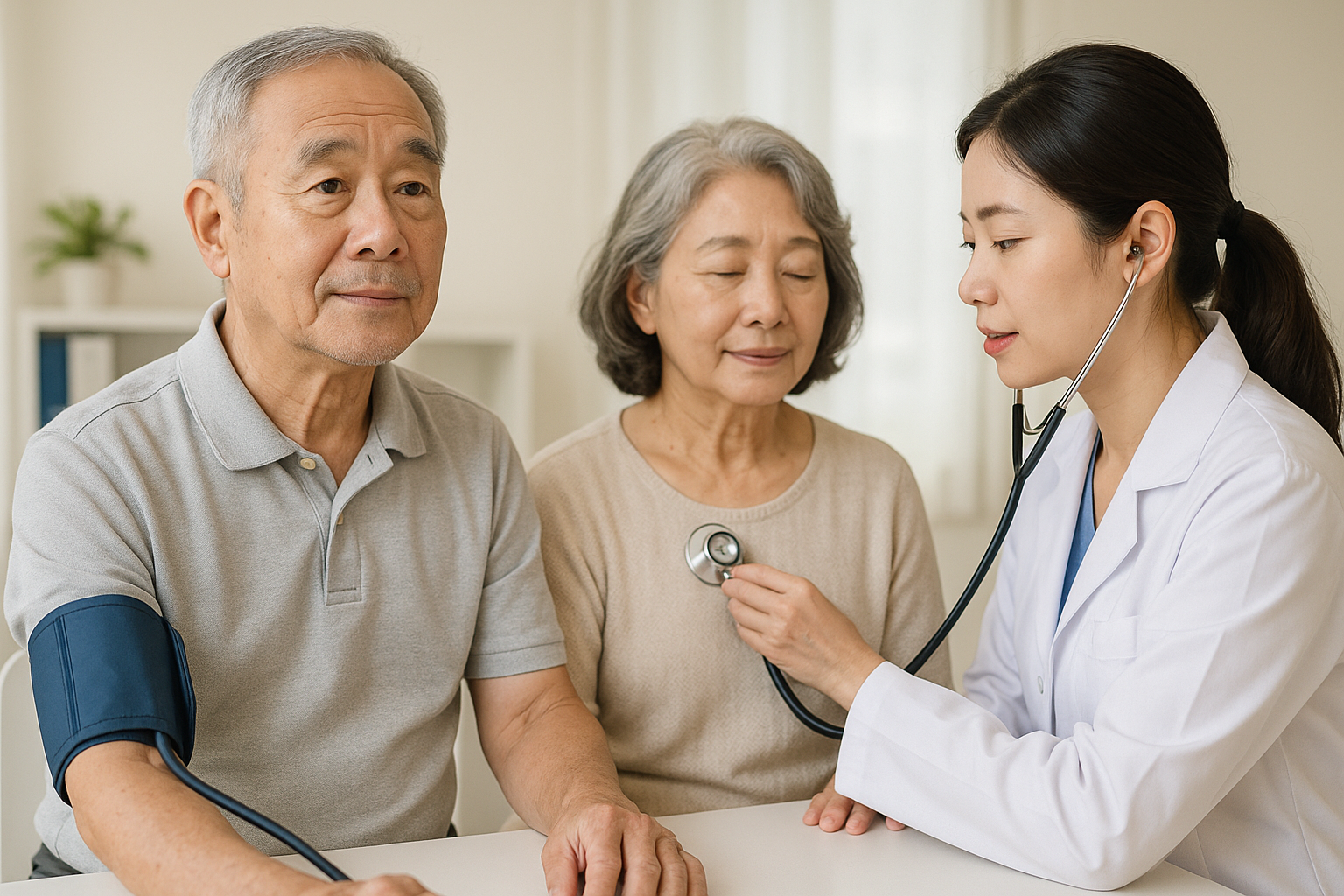 병원에서 건강검진을 받는 시니어 부부