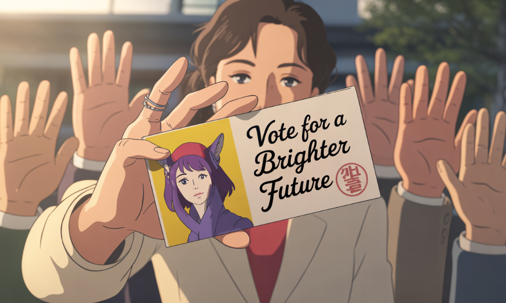 2025년 대선 맞이, MZ세대의 개성을 담은 투표 인증용지 인증샷. 빨간 도장이 찍힌 용지를 들고 있는 다양한 손들이 투표 참여의 즐거움을 표현합니다.