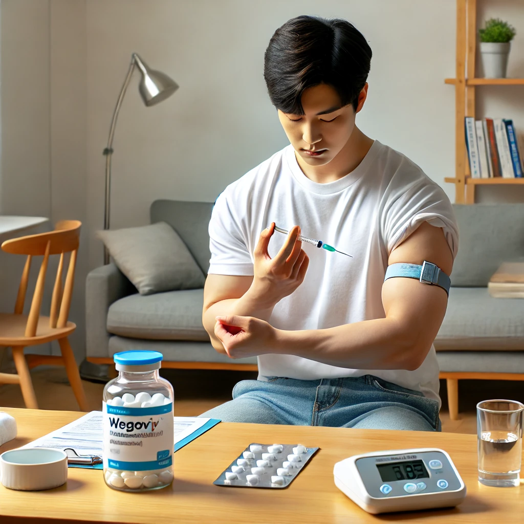 한국인 환자가 집에서 위고비(세마글루타이드) 주사를 직접 투여하는 모습, 깨끗하고 안전한 환경에서 올바른 주사 방법을 따르는 장면
