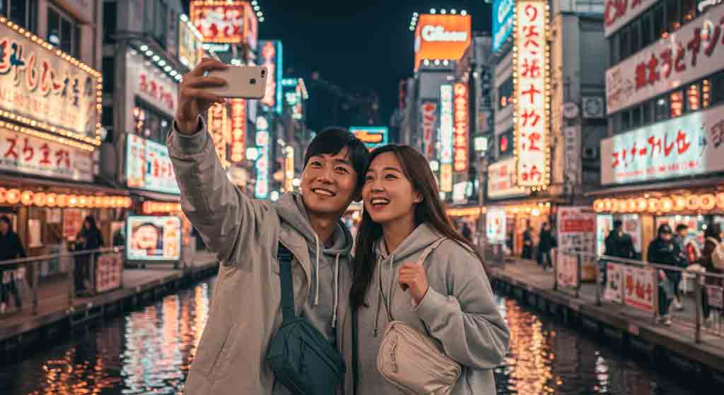일본 오사카 도톤보리에서 기념 촬영하는 커플