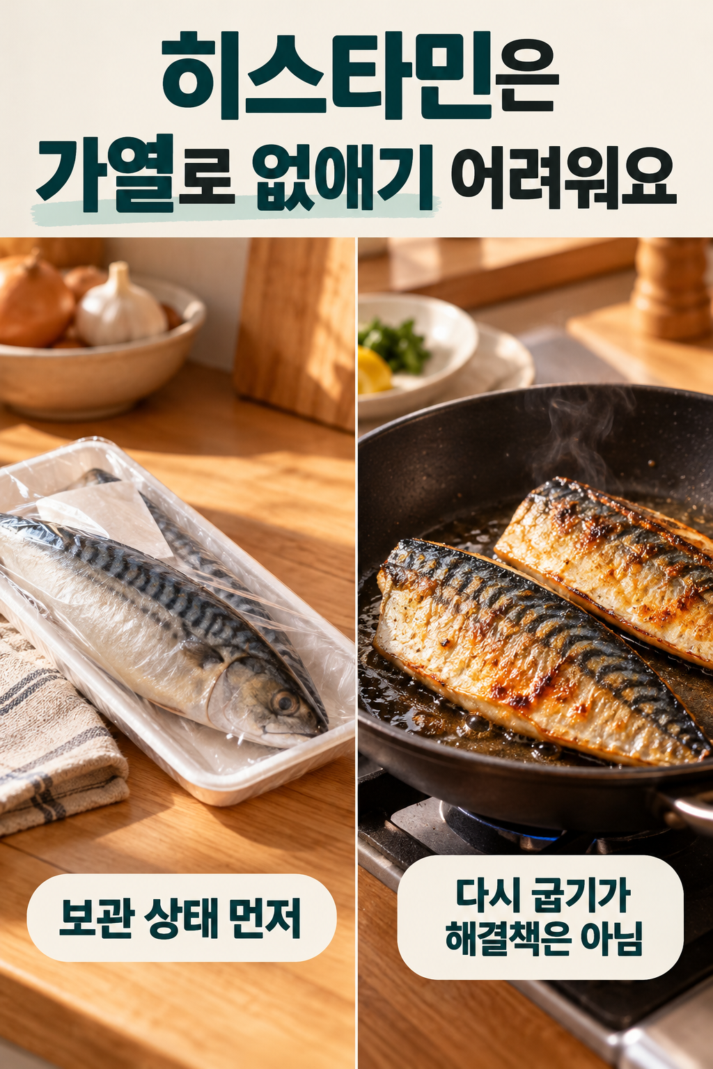 실온에 방치된 포장 생선과 다시 굽는 장면을 나란히 보여주는 보관 주의 그림.