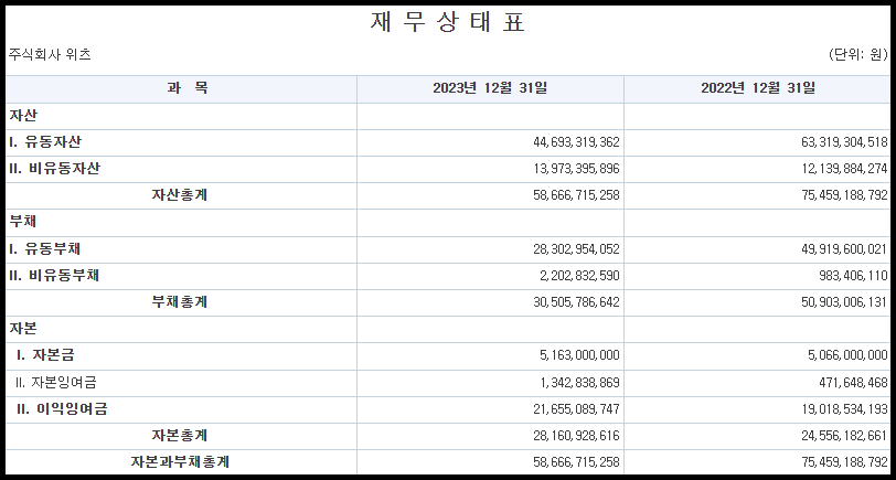 위츠 재무상태표