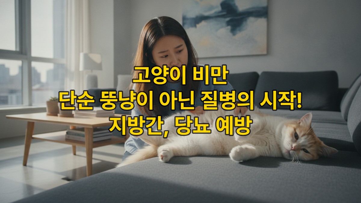 푹신한 소파에 누워있는 통통한 고양이와 걱정스러운 표정으로 고양이를 쓰다듬는 한국인 보호자.