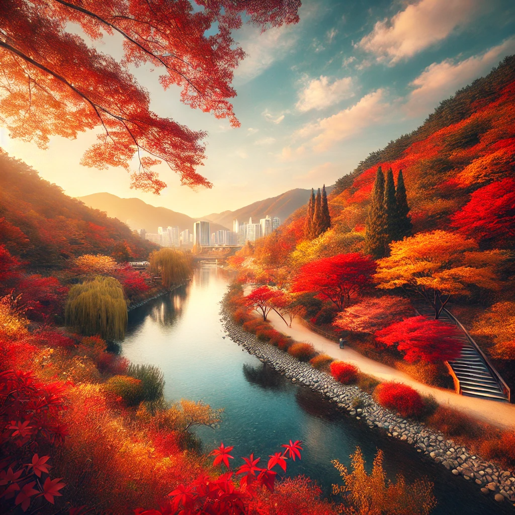 울산 태화강 국가정원의 가을 풍경, 강변을 따라 형형색색의 단풍이 물들어 있어 평화로운 자연의 아름다움을 보여줍니다.