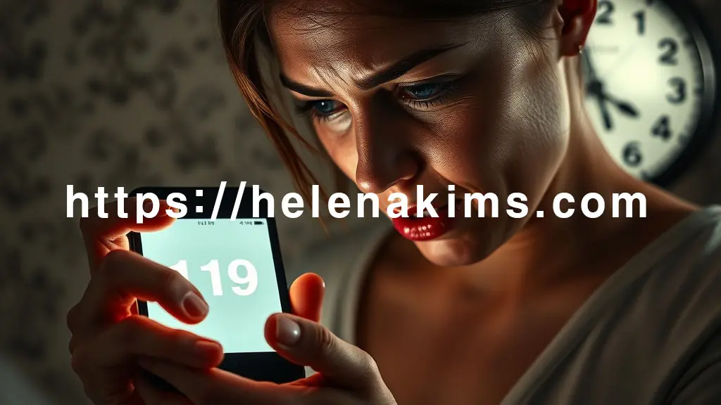 떨리는 손으로 '119' 번호가 크게 빛나는 스마트폰 화면을 다급하게 누르려 하는 여성.