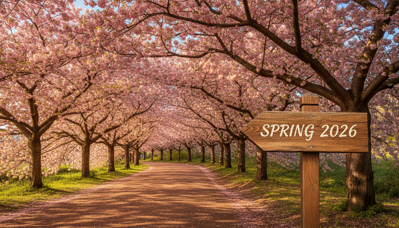 2026년 봄, 화사하게 만개한 벚꽃이 아름다운 터널을 이룬 공원 산책로 풍경