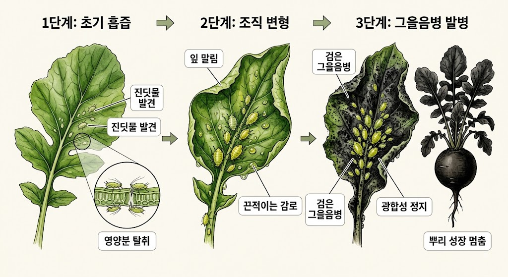 무 잎에 나타나는 진딧물 피해 단계별 증상 설명