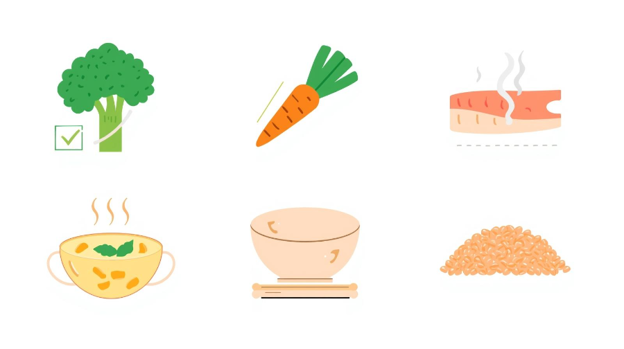 채소, 생선, 저염 국, 통곡물이 포함된 건강 체크리스트 이미지