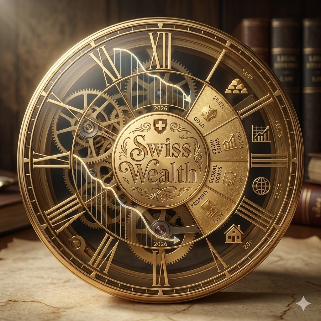 [제31회] 고금리 시대의 종말과 글로벌 자산 방어 전략: 하반기 금리 변곡점에 대응하는 'Swiss Wealth' 실사 금박 브랜딩 이미지.[Vol.31] 2026 Global Asset Defense Strategy: Adapting to the End of the High-Interest Era: A majestic gold-engraved Swiss Wealth branding image with a detailed asset defense map, without any letters or words.