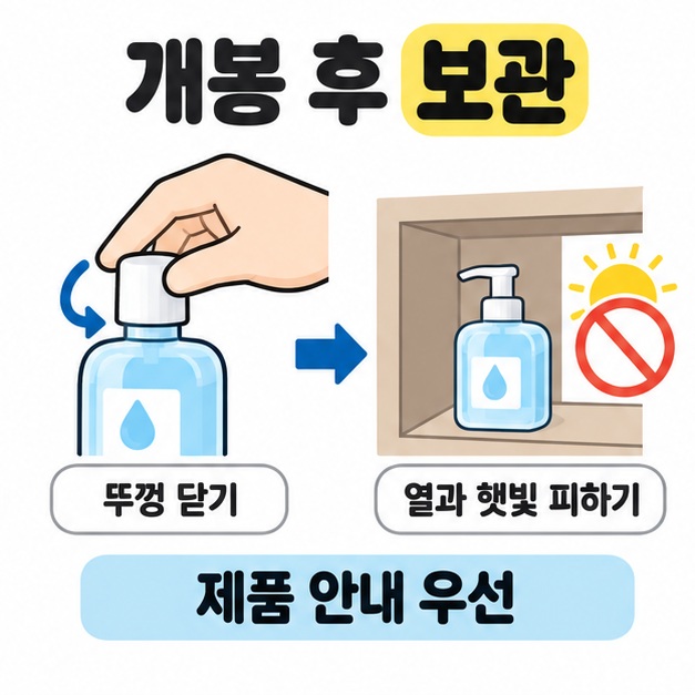 손으로 뚜껑을 닫는 장면과 햇빛을 피한 선반에 용기를 놓는 장면을 연결하고 제품 안내 우선을 강조한 그림