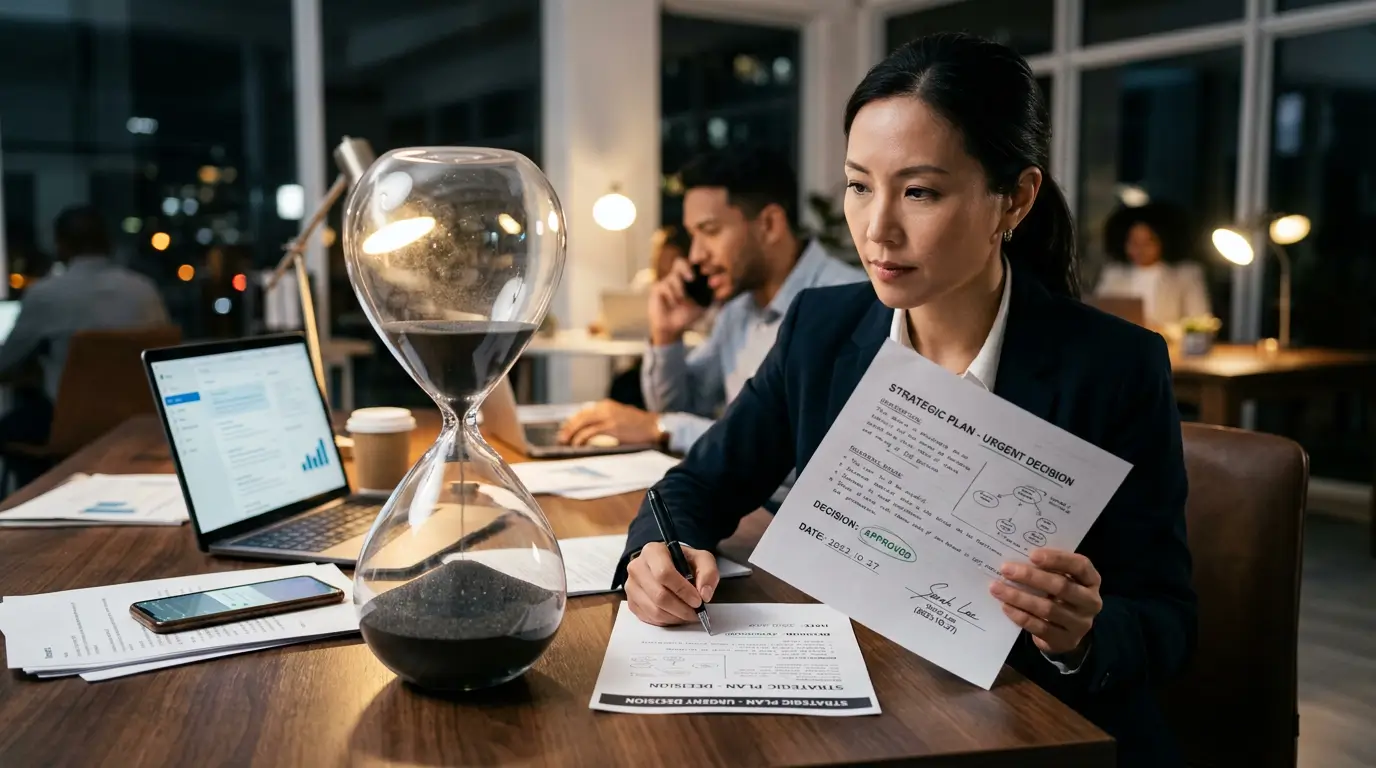 촉박한 시간을 상징하는 모래시계와 신속한 결정을 내리는 모습
