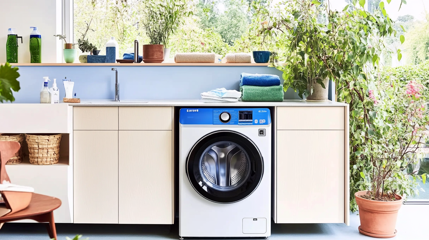 삼성 AI 세탁기와 LG 고품질 세탁기의 비교가 돋보이는 세련된 세탁실, 현대적인 디자인과 부드러운 조명