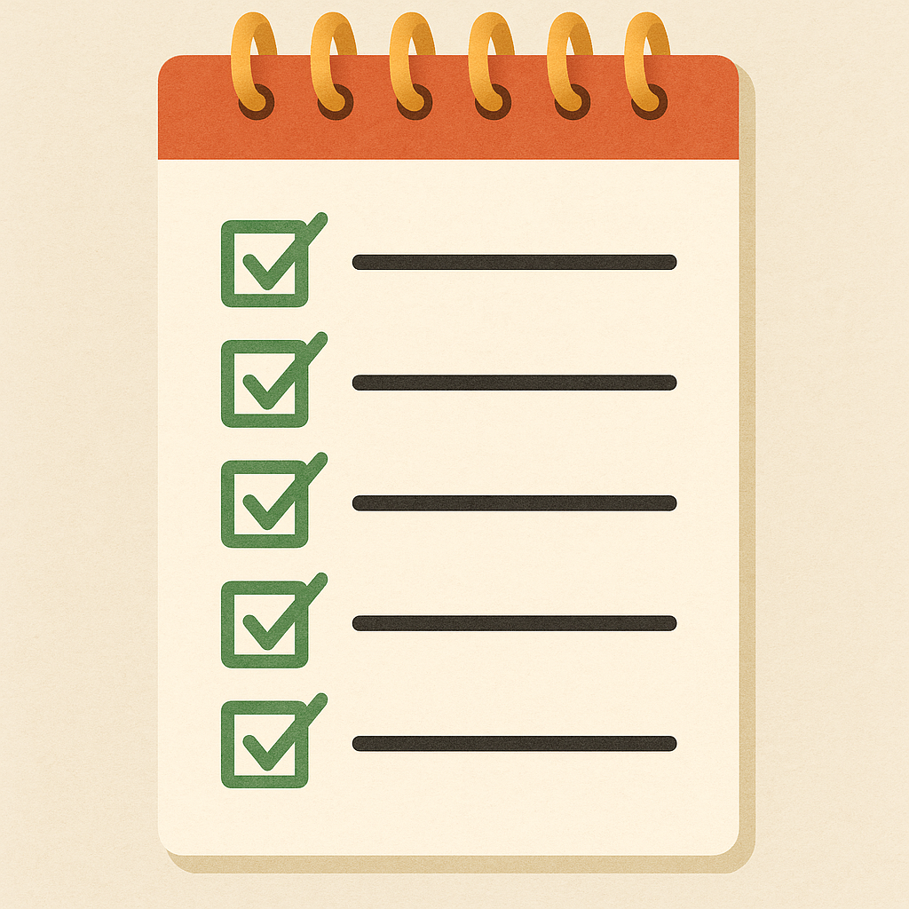 체크 표시가 있는 다섯 개의 항목이 그려진 스프링 수첩 일러스트. 체크리스트 스타일 인포그래픽