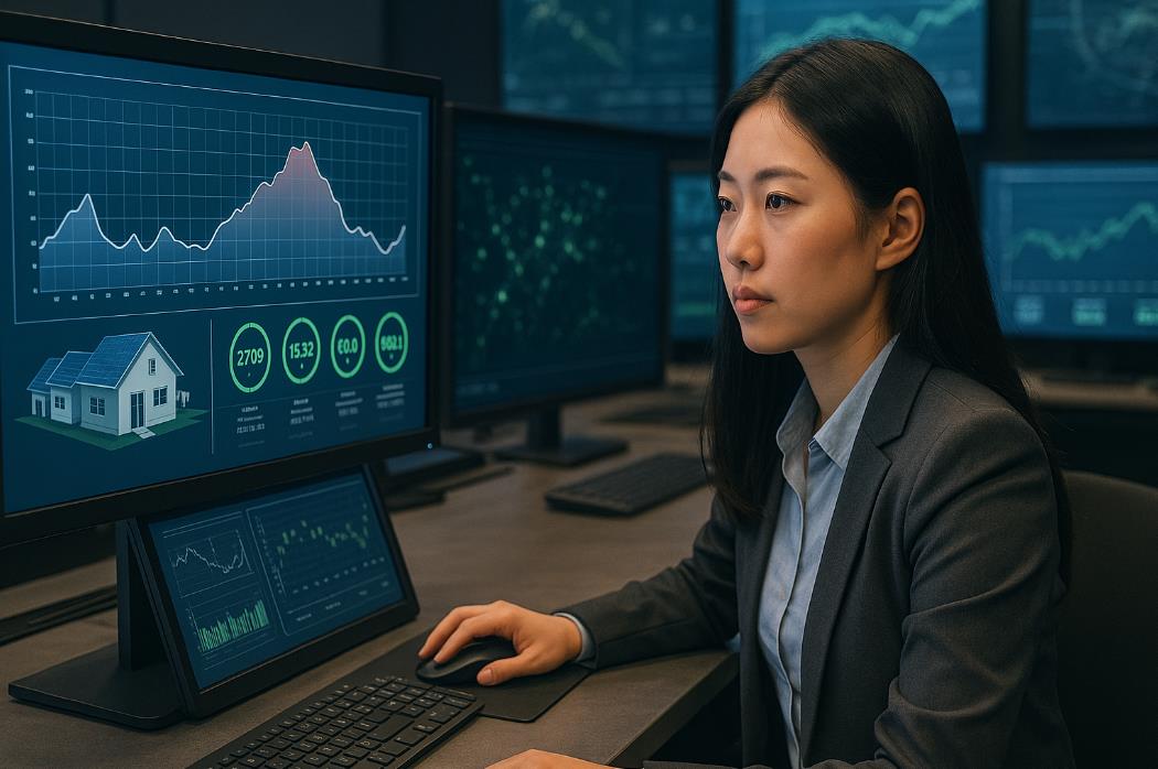 AI가 스마트 미터와 연결된 데이터를 분석해 특정 지역의 전력 피크 시간을 미리 예측하는 모습